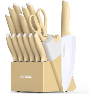 Astercook Knife Set, Kitchen Knives Set with Block and Sharpener 15 Pcs German Stainless Steel Knives Sharp Blade Dishwasher Safe Deba Knives with Ergonomic Handle, Crystal Pink(Morandi Yellow)