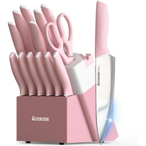 Astercook Knife Set, Kitchen Knives Set with Block and Sharpener 15 Pcs German Stainless Steel Knives Sharp Blade Dishwasher Safe Deba Knives with Ergonomic Handle, Crystal Pink(Crystal Pink)