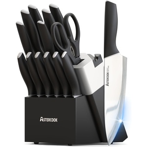 Astercook Knife Set, Kitchen Knives Set with Block and Sharpener 15 Pcs German Stainless Steel Knives Sharp Blade Dishwasher Safe Deba Knives with Ergonomic Handle, Crystal Pink(A Elegant Black)