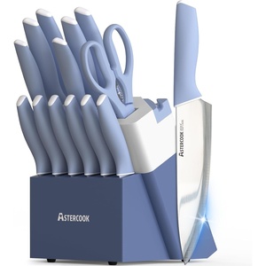 Astercook Knife Set, Kitchen Knives Set with Block and Sharpener 15 Pcs German Stainless Steel Knives Sharp Blade Dishwasher Safe Deba Knives with Ergonomic Handle, Crystal Pink(Delicate Blue)