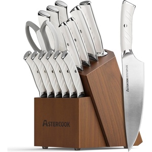 Knife Set, Astercook Kitchen Knife Set with Block, 15 Pcs Luxurious High Carbon German Stainless Steel Knives Set with Full Tang Ergonomic Handle, Dishwasher Safe Knife Set with Sharpening Rod, White(White)